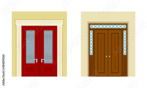 Wooden closed double doors set. Front doorway exterior vector illustration
