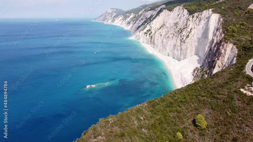 Aerial Drone View Steep Rocky Cliffs, Ionian Lefkada Island, Greece - at Porto Katsiki Beach Aerial Drone View Steep Rocky Cliffs, Ionian Lefkada Island, Greece - at Porto Katsiki Beach