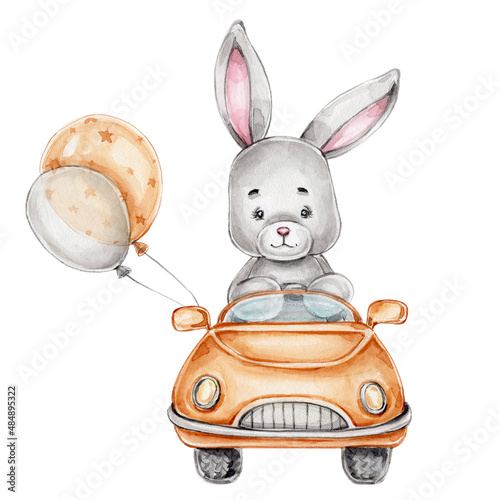 Cute cartoon bunny in car and balloons  watercolor hand drawn illustration  with white isolated background © Нина Новикова