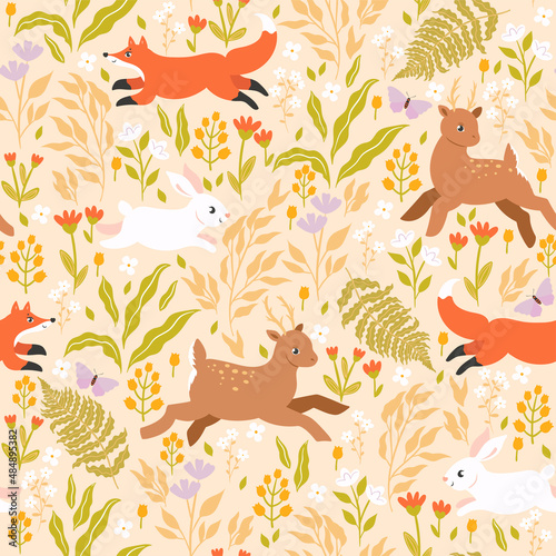 Seamless pattern with cute forest animals. Vector graphics.