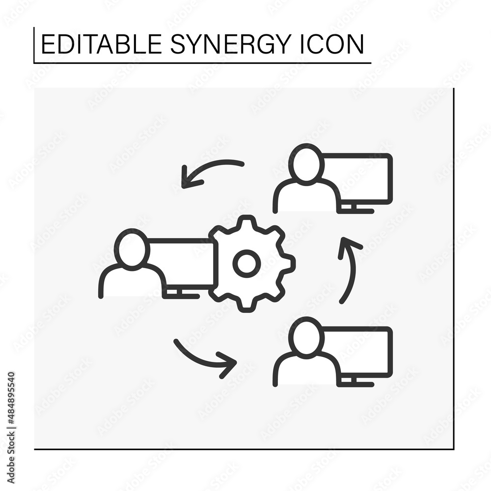 Sync devices line icon. Synchronize work between leader and employees. Cooperation. Synergy concept. Isolated vector illustrations. Editable stroke