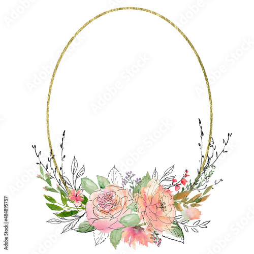 Orange and peach flowers oval frame. Polygonal Gold foil Floral Frame. Pink and peach rose Wreath. Hand painted linear illustration. Spring round frame isolated on white. Gold Glitter Flower Frame.