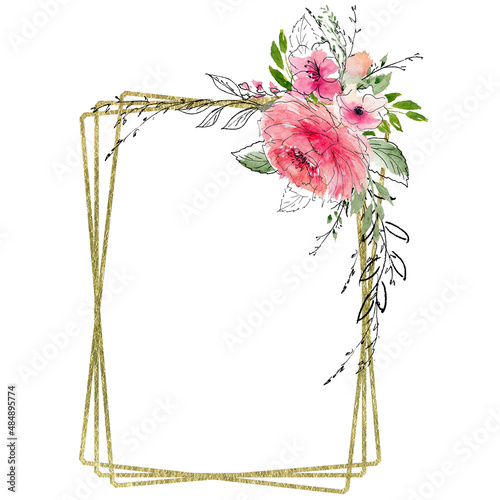  Polygonal Gold foil Floral Frame. Orange and peach flowers Rectangle frame. Pink and peach rose Wreath. Hand painted linear illustration. Spring frame isolated on white. Gold Glitter Flower Frame