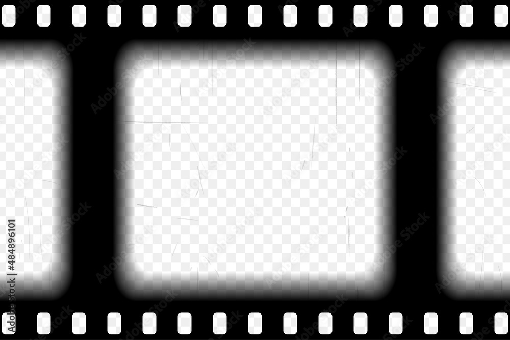 Old black cinematic frame with transparent background. Antique filmstrip slide template in realistic style. Vector illustration video and photo tape.