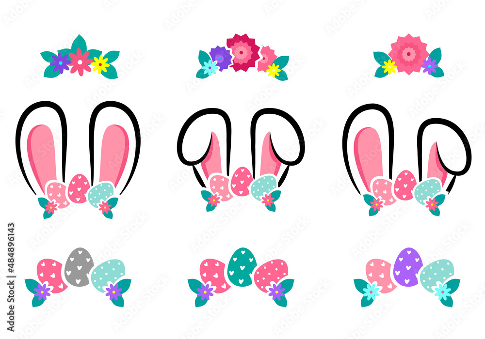 Vector illustration of collection of bunny ears with berries and hair headbands made of flowers on white isolated background Vector illustration of collection of bunny ears with berries and hair headbands made of flowers on white isolated background