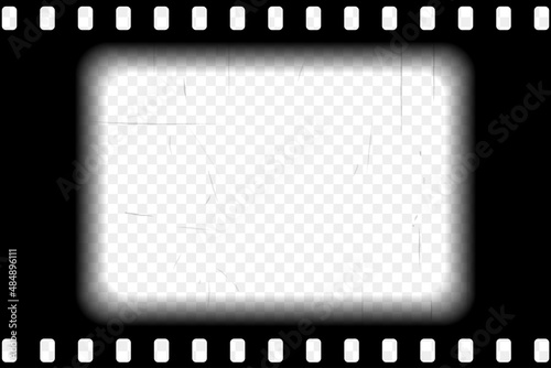 Old black cinematic frame with transparent background. Antique filmstrip slide template in realistic style. Vector illustration video and photo tape.