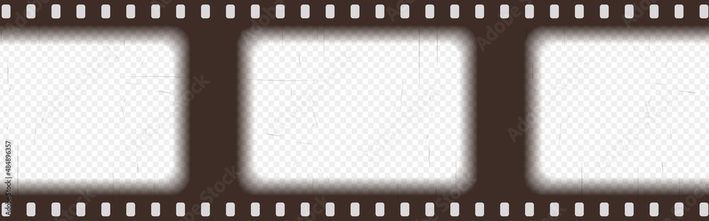 Old brown cinematic frame with transparent background. Antique filmstrip slide template in realistic style. Vector illustration video and photo tape.