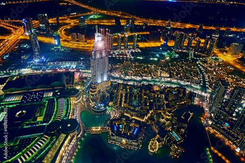 Elevated skyline of Dubai Mall with the 'Standard' hotel illuminated at night