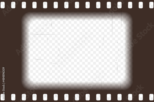 Old brown cinematic frame with transparent background. Antique filmstrip slide template in realistic style. Vector illustration video and photo tape.