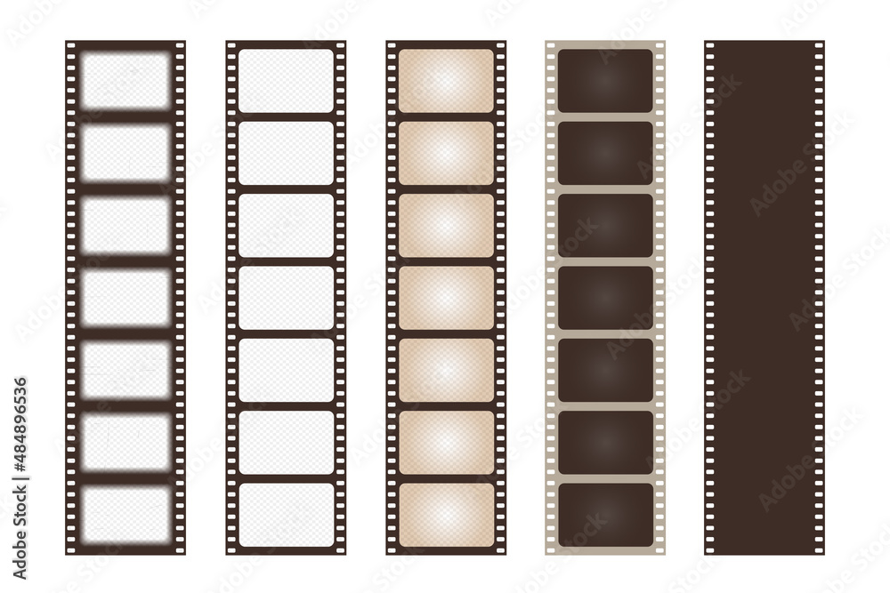 Set old retro brown film strip frame isolated on white background. Antique films slide template in realistic style. Vector illustration video and photo tape. - obrazy, fototapety, plakaty 