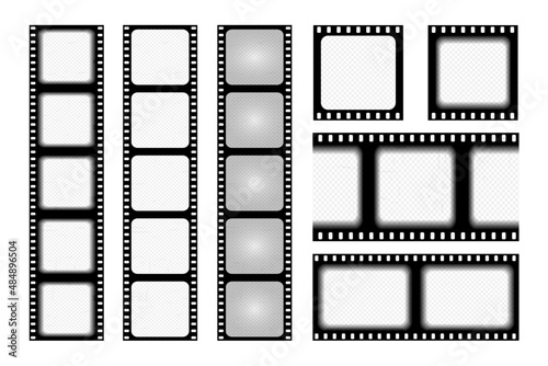 Set old retro film strip frame isolated on white background. Antique films slide template in realistic style. Vector illustration video and photo tape.