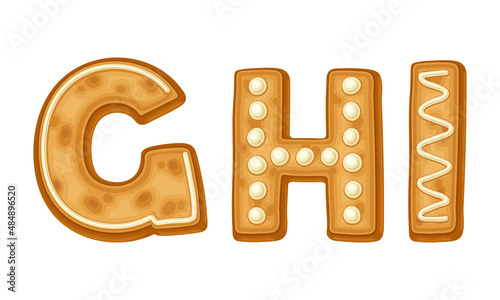 G,H,I letters covered by icing sugar. Ginger cookies Christmas alphabet cartoon vector illustration