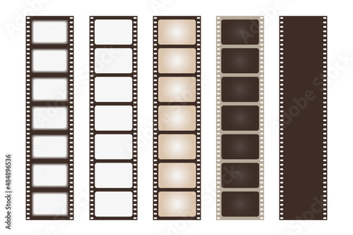 Set old retro brown film strip frame isolated on white background. Antique films slide template in realistic style. Vector illustration video and photo tape.