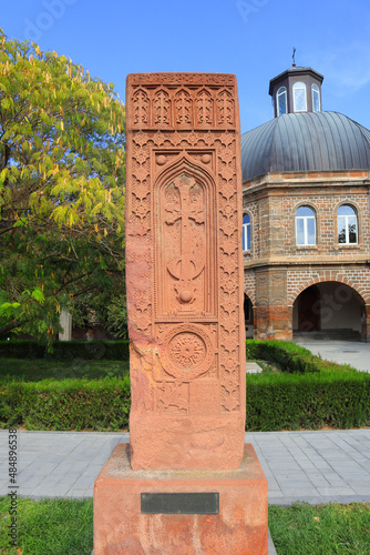 Old khachkar (stone cross) in Vagharshapat, Armenia photo