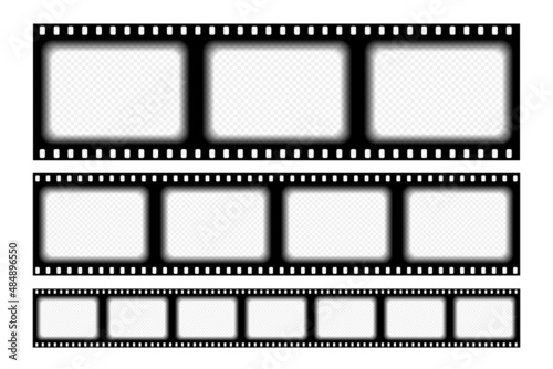 Set old retro film strip template with blank  empty frames. Type 35mm film placeholder on white. Antique films slide in realistic style. Vector illustration video and photo tape.