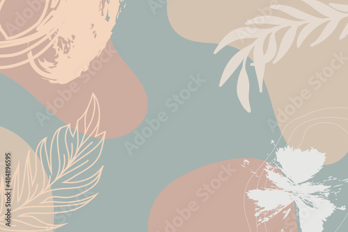 Abstract Botanical leaves Seamless Pattern in Light Neutral Desert Colors with line art minimalist clean hand drawn vector lines for fabric textile design background 