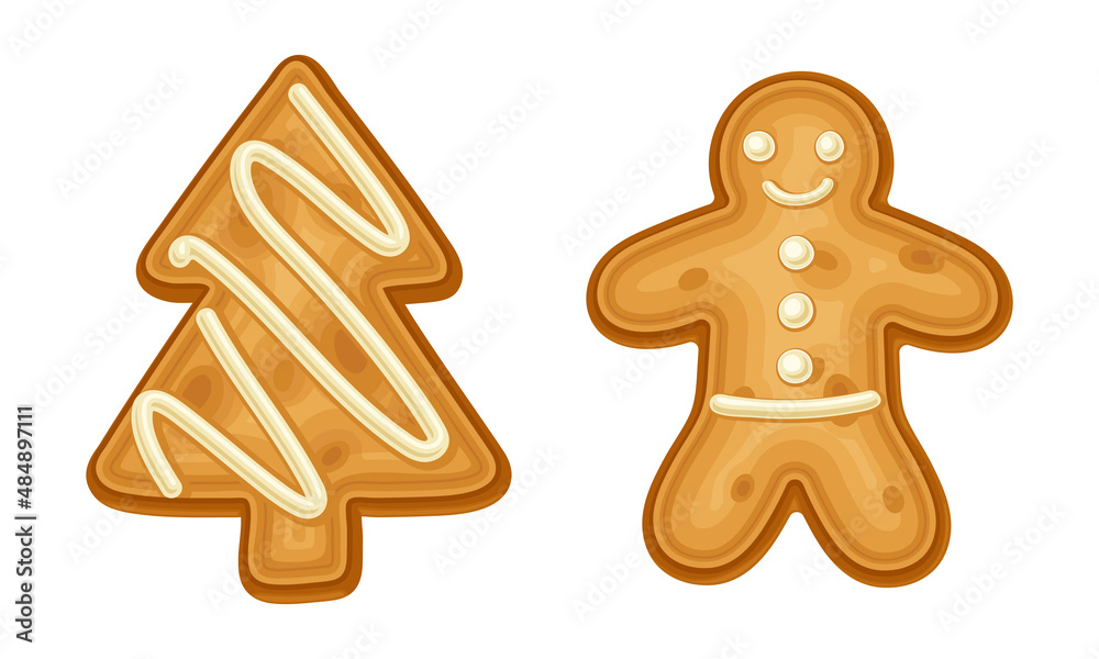 Gingerbread man and Xmas tree cookies set. Baked festive biscuits in icing sugar cartoon vector illustration Gingerbread man and Xmas tree cookies set. Baked festive biscuits in icing sugar cartoon vector illustration