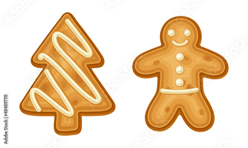 Gingerbread man and Xmas tree cookies set. Baked festive biscuits in icing sugar cartoon vector illustration