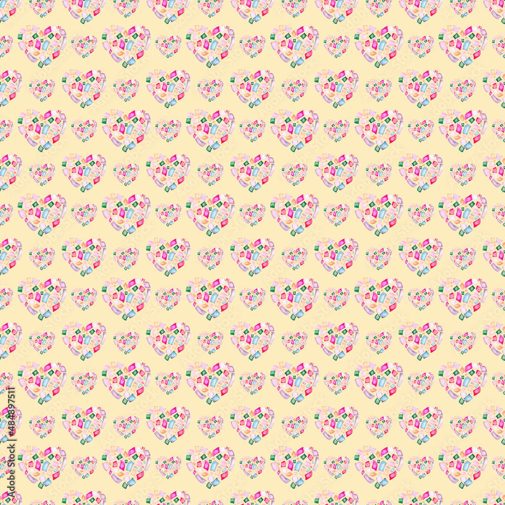 Watercolor pattern with confetti hearts on a yellow background