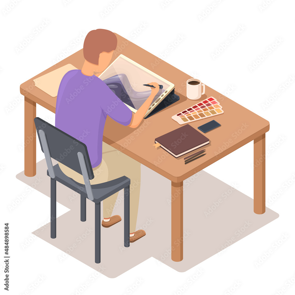 Fototapeta premium isometric artist working on graphics tablet at table, vector illustration