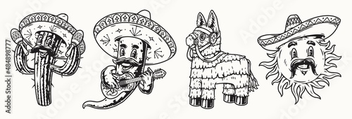 Mexican holiday characters monochrome set