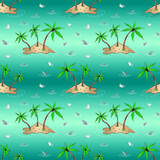 Marine nautical doodle islands, shark fins and seagulls seamless pattern. Cartoon style vector illustration.