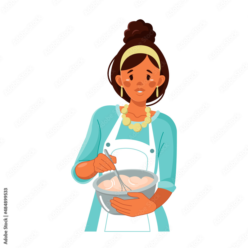 Cooking. An African-American woman kneads dough in a bowl. Chef, mother, housewife cooks according to a new recipe. Hobby. Vector illustration in cartoon style Cooking. An African-American woman kneads dough in a bowl. Chef, mother, housewife cooks according to a new recipe. Hobby. Vector illustration in cartoon style