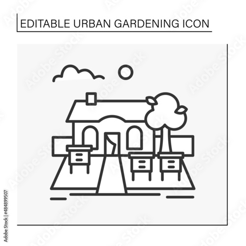 Beekeeping line icon. Ecological bee farm. Modern park space. Bee-garden park. Urban gardening concept. Isolated vector illustration. Editable stroke