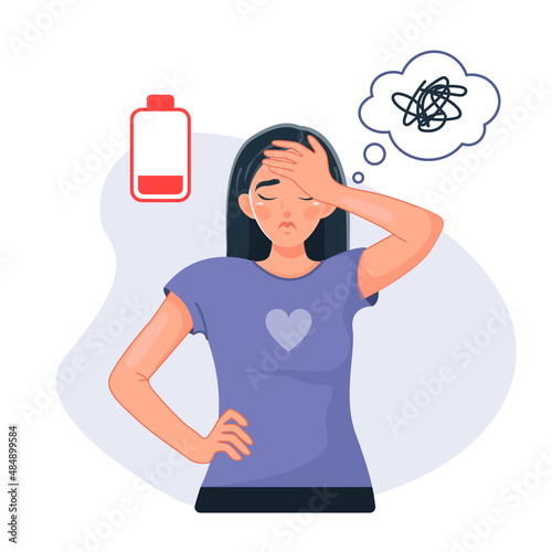 A sad tired woman with chaos in her head. Emotional burnout, neurosis, stress, overwork, fatigue, anxiety, exhaustion. The concept of mental health preservation. Vector illustration