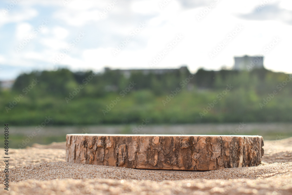 A minimalistic scene of a felled tree lying on the sand on a beach background. Podium for the presentation of goods and cosmetics. A showcase with a stage for natural products. Empty space.