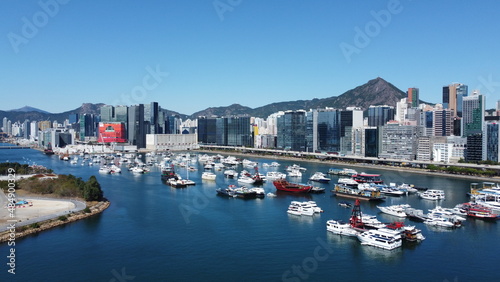 Ariel Photo view of boats over Kwun Tong promonade photo