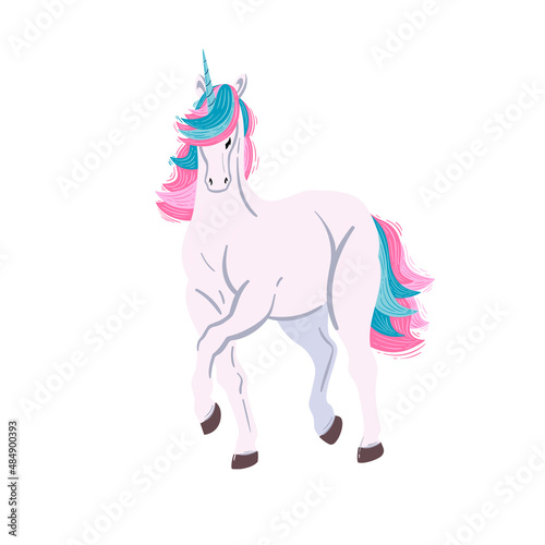Prancing white unicorn. Vector unicorn illustration. White unicorn with pink hair.  