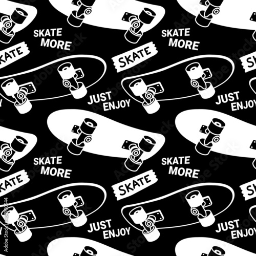 Vector cool illustration of wide white and black board on black color background with word. Skateboarding Seamless Pattern with Cartoon Skateboard. Flat Line Art Style Design with Skate