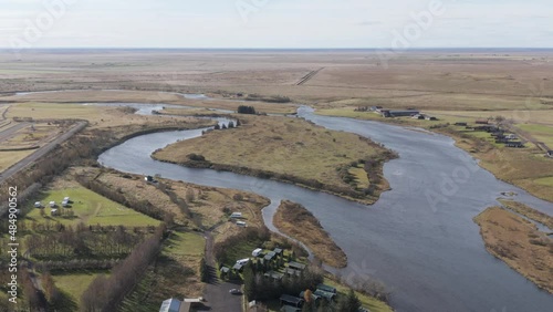 Ytri-Rangá Ranga river flowing in flat landscape of South Iceland, aerial photo