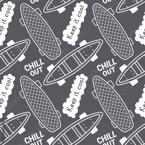 Vector illustration of textured penny board with word on gray color background. Skateboarding seamless pattern with cartoon skateboard. Flat line art style design with skate