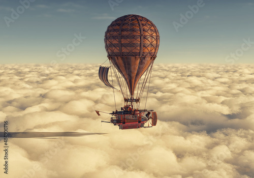 Fotografie A steampunk hot air balloon travels above the beautiful clouds