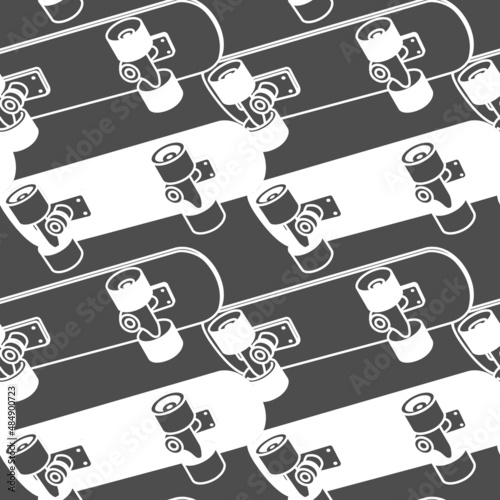 Vector illustration of white and black color board on color background. Skateboarding seamless pattern with cartoon skateboard. Flat line art style design with skate