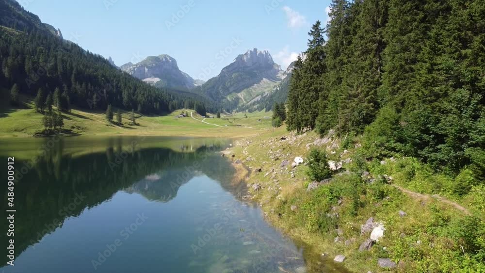 Mountain Lake Samtisersee, Appenzell, Alps of Switzerland.- Aerial Drone View - Hike to Bollenwees Mountain Lake Samtisersee, Appenzell, Alps of Switzerland.- Aerial Drone View - Hike to Bollenwees