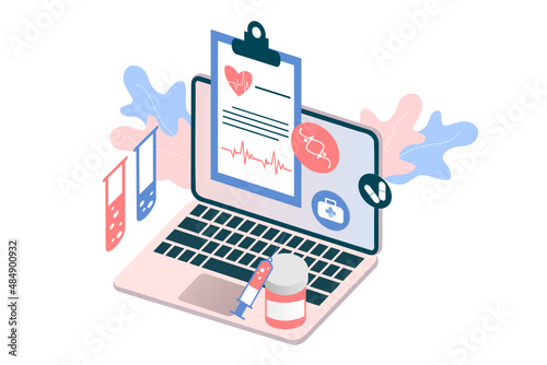 Online pharmacy app concept of healthcare, drugstore and e-commerce. Vector illustration of prescription drugs, first aid kit and medical supplies being sold online via web or computer technology.