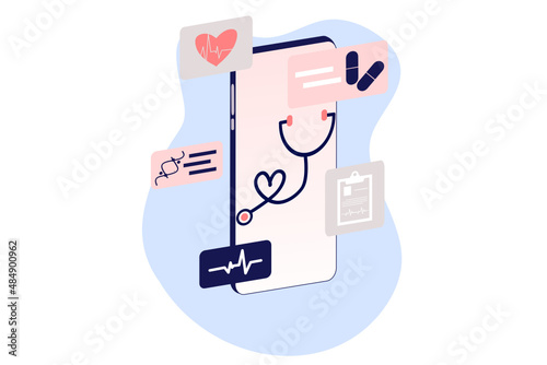 Online health tele medicine flat illustration. Online medical healthcare consultation and treatment via mobile phone application of computer connected internet clinic. Online ask doctor consultation.