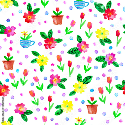 Wallpaper Mural Spring season seamless background with red, pink, yellow flowers primrose and leaves, tulips, daffodils and dots Torontodigital.ca