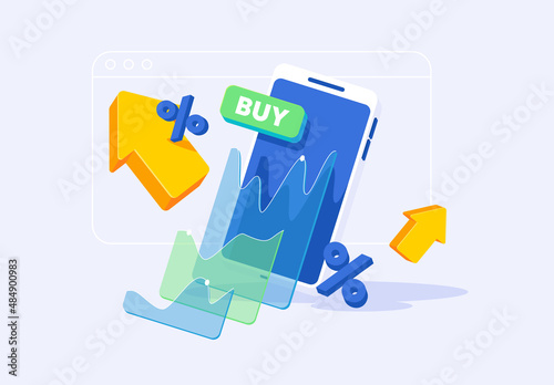 vector illustration of trading on the stock exchange using a mobile phone, analytical charts with design elements