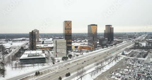 Southfield, Michigan skyline in winter with drone video moving in. photo