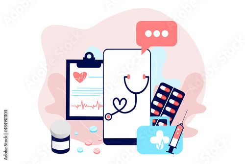 Online health tele medicine flat illustration. Online medical healthcare consultation and treatment via mobile phone application of computer connected internet clinic. Online ask doctor consultation.