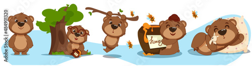 The character is a small bear. Children's illustration. Cute cartoon style.