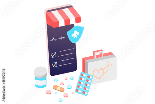 Online pharmacy app concept of healthcare, drugstore and e-commerce. Vector illustration of prescription drugs, first aid kit and medical supplies being sold online via web or computer technology.