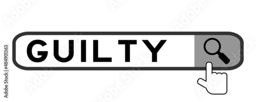 Search banner in word guilty with hand over magnifier icon on white background