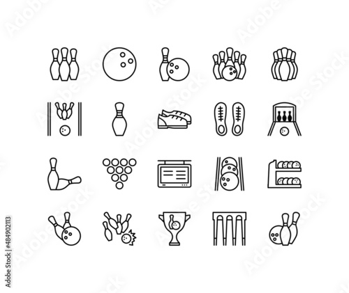 Bowling flat line icons set. Sport game - skittles with ball. Simple flat vector illustration for web site or mobile app