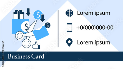 Less spending business card.Reasonable money use marketing template. Mindful spending.Scissors cut money.Universal basic income abstract design.Layout illustration page with icon