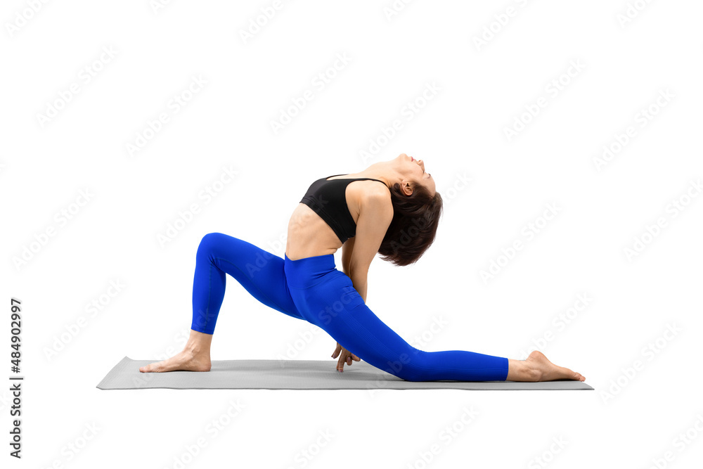 Yoga, crescent moon pose. Attractive woman in blue sportswear does deep low lunge plus back bend, isolated on white. Yoga, crescent moon pose. Attractive woman in blue sportswear does deep low lunge plus back bend, isolated on white.